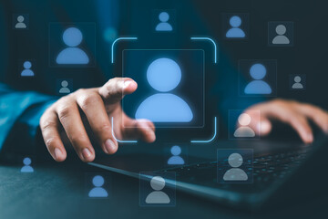 Marketer tapping a customer icon, representing targeted communication, personalization, and...