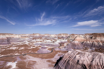 Panoramic view of Blue Mesa badlands in Petrified Forest National Park, Arizona