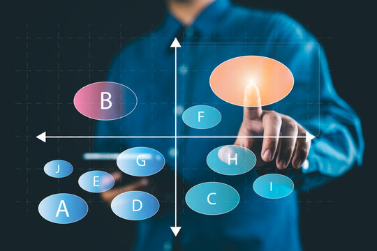 Marketer pointing at a positioning map, representing market positioning strategy, target audience analysis, brand,product differentiation for competitive advantage.