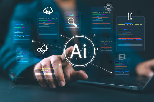 AI coding solution assisting software development and task automation, with a programmer generating code to build applications efficiently and intelligently. - Powered by Adobe
