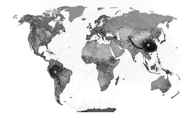 Global map with interconnected dots, representing worldwide connections and networks.