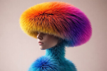 AI generated surreal fashion portrait of calm human model covered in colorful fur with gradient rainbow tones expressing identity experimental beauty modern design and future aesthetics