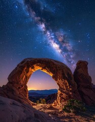 Stunning night sky view through a natural sandstone arch