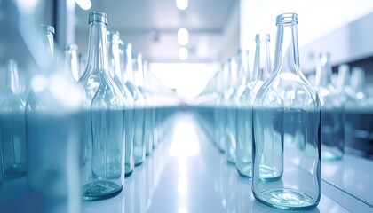 Rows of empty glass bottles line a surface, perspective view, bright lighting