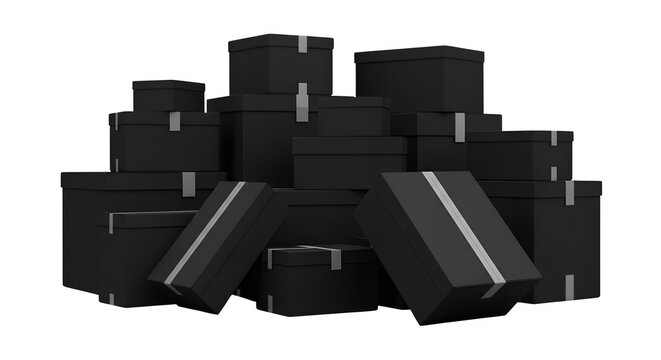 Stack of black boxes with silver accents on black background