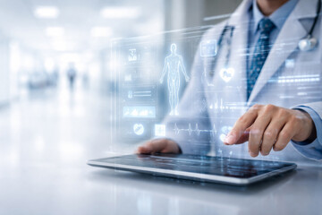 AI generated smart hospital digital interface with medical professional using tablet and holographic patient data charts analytics and clinical systems in modern healthcare workflow