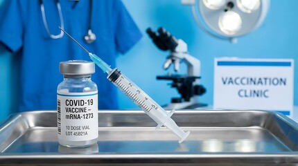 COVID-19 Vaccine Vial and Syringe on Tray in Medical Setting.