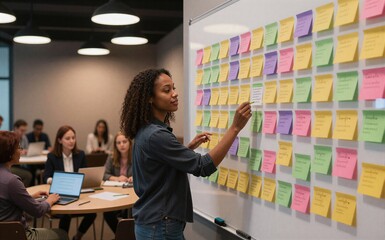 Woman adds sticky notes to whiteboard during collaborative meeting in modern office.