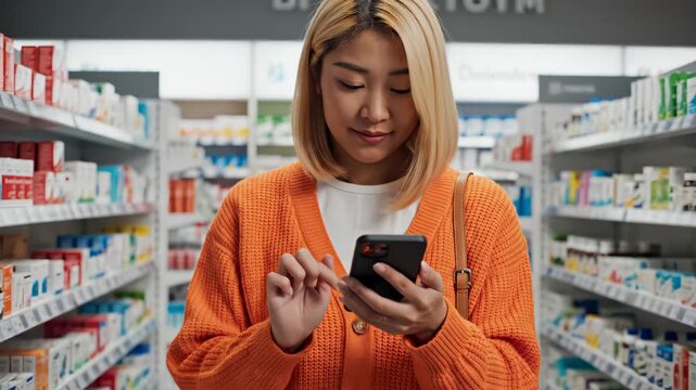 Woman using phone in pharmacy aisle