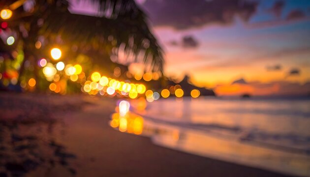 Blurry beach scene at sunset with string lights and palm leaves, creating a warm ambiance - Powered by Adobe