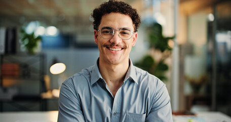 Happy, portrait and man with glasses, office or financial analyst with smile for career...