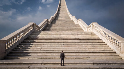 A small man climbs up a large staircase that goes into the sky.