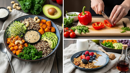 Overhead shot of hands cutting red bell pepper on wooden board surrounded by spices, herbs, garlic, and tomatoes, creating a vibrant and colorful culinary scene