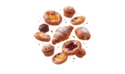 Flying assortment of fresh pastries exploding in the air, isolated on transparent background