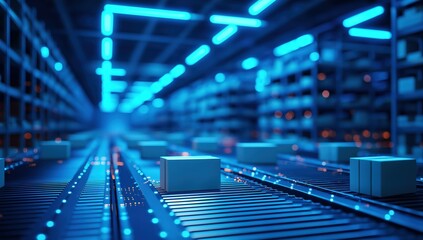 Boxes moving on a futuristic conveyor system in an automated logistics center, showcasing modern e-commerce and supply chain technology