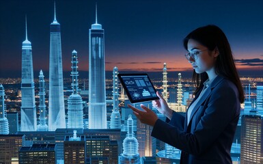 Woman analyzes data on tablet against futuristic city skyline at night.