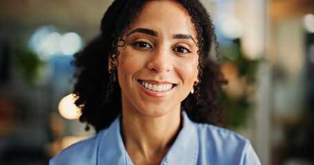 Happy, portrait and woman with ambition, office or financial analyst with career growth or...