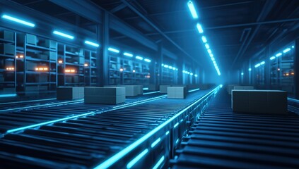 Obraz premium Parcels moving along an illuminated conveyor belt in a smart, futuristic fulfillment center, optimizing modern logistics and distribution
