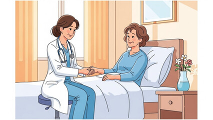 Obraz premium Female doctor comforting elderly woman patient in hospital room with flowers