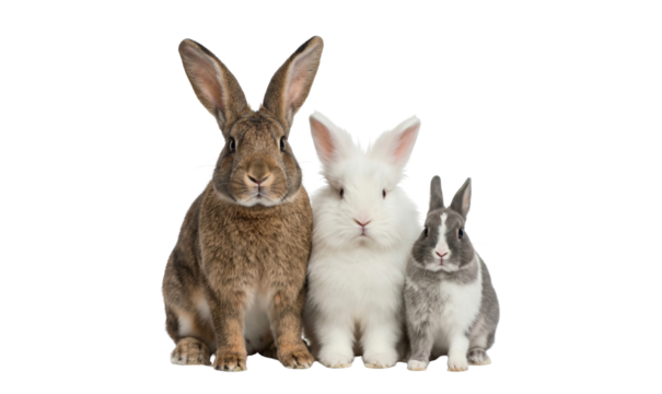 Three different rabbits sitting side-by-side isolated on white background, png - Powered by Adobe