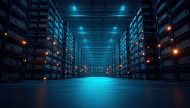 Modern server room with illuminated racks storing and processing digital information, representing cloud computing services - Powered by Adobe