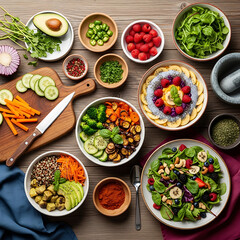 Overhead shot of hands cutting red bell pepper on wooden board surrounded by spices, herbs, garlic, and tomatoes, creating a vibrant and colorful culinary scene