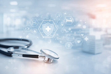 AI generated digital healthcare image with stethoscope and medical icons showing data protection patient safety smart health technology and modern clinical information systems
