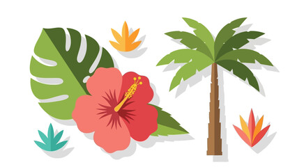 Obraz premium Tropical Paradise Elements: Palm Tree, Hibiscus Flower, Leaves