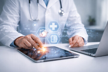 AI generated modern doctor using tablet with digital healthcare interface showing medical data security electronic records telemedicine and smart hospital technology