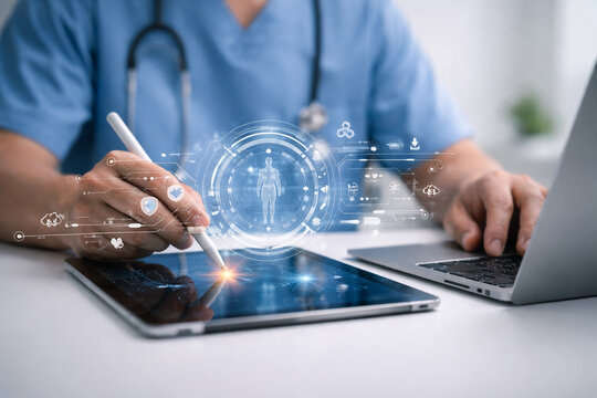 AI generated healthcare professional using tablet and laptop with digital interface showing patient data analytics telemedicine smart hospital and connected medical technology - Powered by Adobe