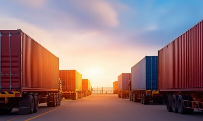 Logistics and global trade concepts with container trucks parked in rows, ready for shipping goods worldwide under a colorful sky