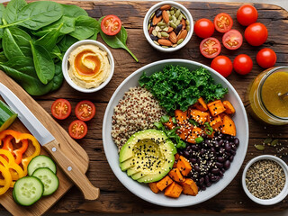 Overhead shot of hands cutting red bell pepper on wooden board surrounded by spices, herbs, garlic, and tomatoes, creating a vibrant and colorful culinary scene