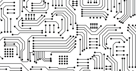 Abstract black circuit board technology connected lines electronics elements computer motherboard chip processor semiconductor digital on white background vector illustration