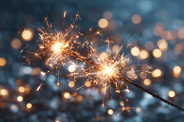 Obraz premium Close up of bright sparklers against a blurry dark background with bokeh lights
