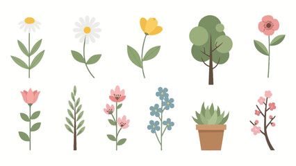 Set of Flat Design Flowers, Plants and Tree Icons