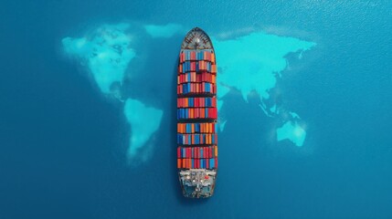 Cargo ship carrying containers across a world map in blue ocean, symbolizing global trade, logistics, and international shipping