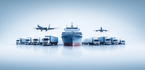 Multimodal transport concept showing freight ship, cargo trucks, and airplanes for worldwide logistics and distribution