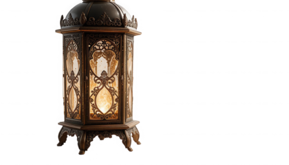 Ornate antique bronze lantern glowing with warm light featuring intricate baroque metalwork details and decorative scrolled feet on transparent background