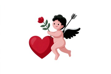 Fototapeta premium Cupid flying with red rose and heart for Valentine's Day
