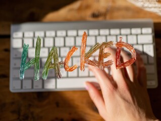 Persons hand on a computer keyboard with HACKED text overlay, symbolizing a digital alert notification, compromised information, and internet virus for cybercrime prevention web banner advertisement
