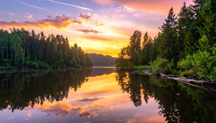 Stunning sunset over a serene river flanked by lush green forests