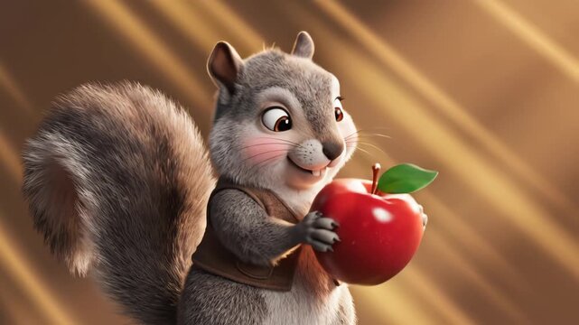 Animated squirrel holding red apple