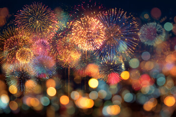 Brilliant display of colorful fireworks exploding in the night sky above blurred city lights