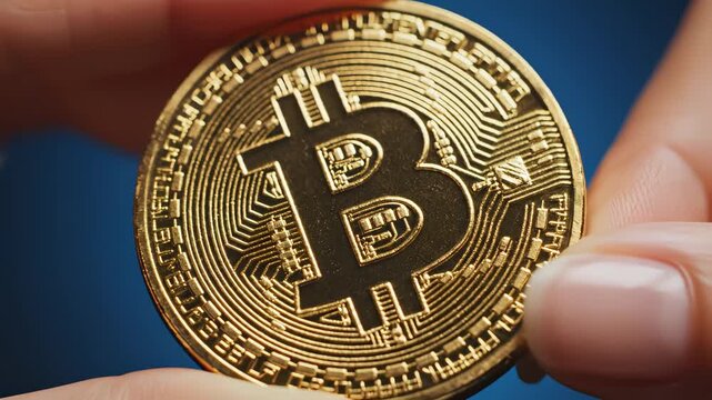 Hands holding a golden Bitcoin coin