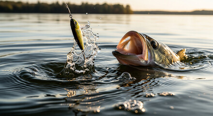 Exciting Moment of a Powerful Bass Leaping to Catch a Fishing Lure in Serene Lake Water