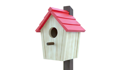 Wooden Birdhouse with Red Roof on Pole
