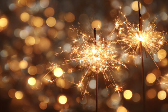 Sparklers explode with brilliant light against a bokeh background of warm golden circles