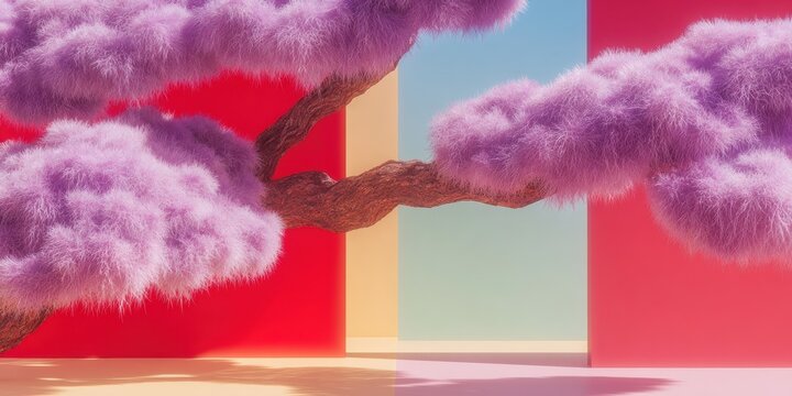 Premium Glitch Purple and Neon Mint Oak Tree in Sofi Lilac Modern Hospitality Marketing Content for Inspiring Retreats