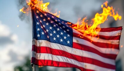 American flag engulfed in flames, symbolizing crisis.