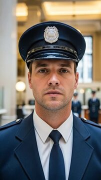 Male Police Officer in Uniform Standing in Historic Building with Fellow Officers